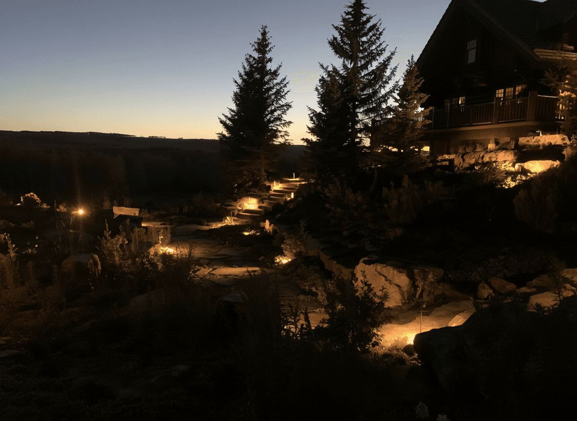 Warm lights illuminate a stone path leading past pine trees toward a house at dusk.