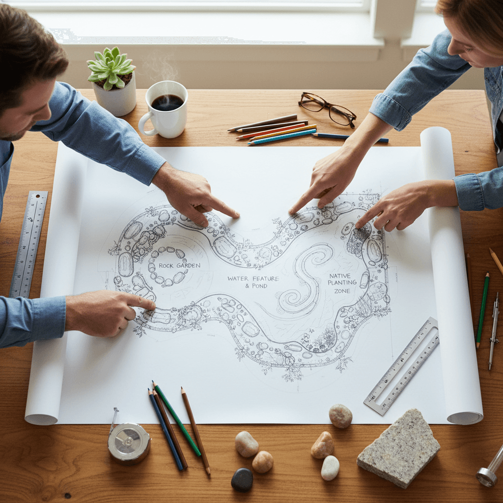 Landscape design plan with rock work and water feature sketches