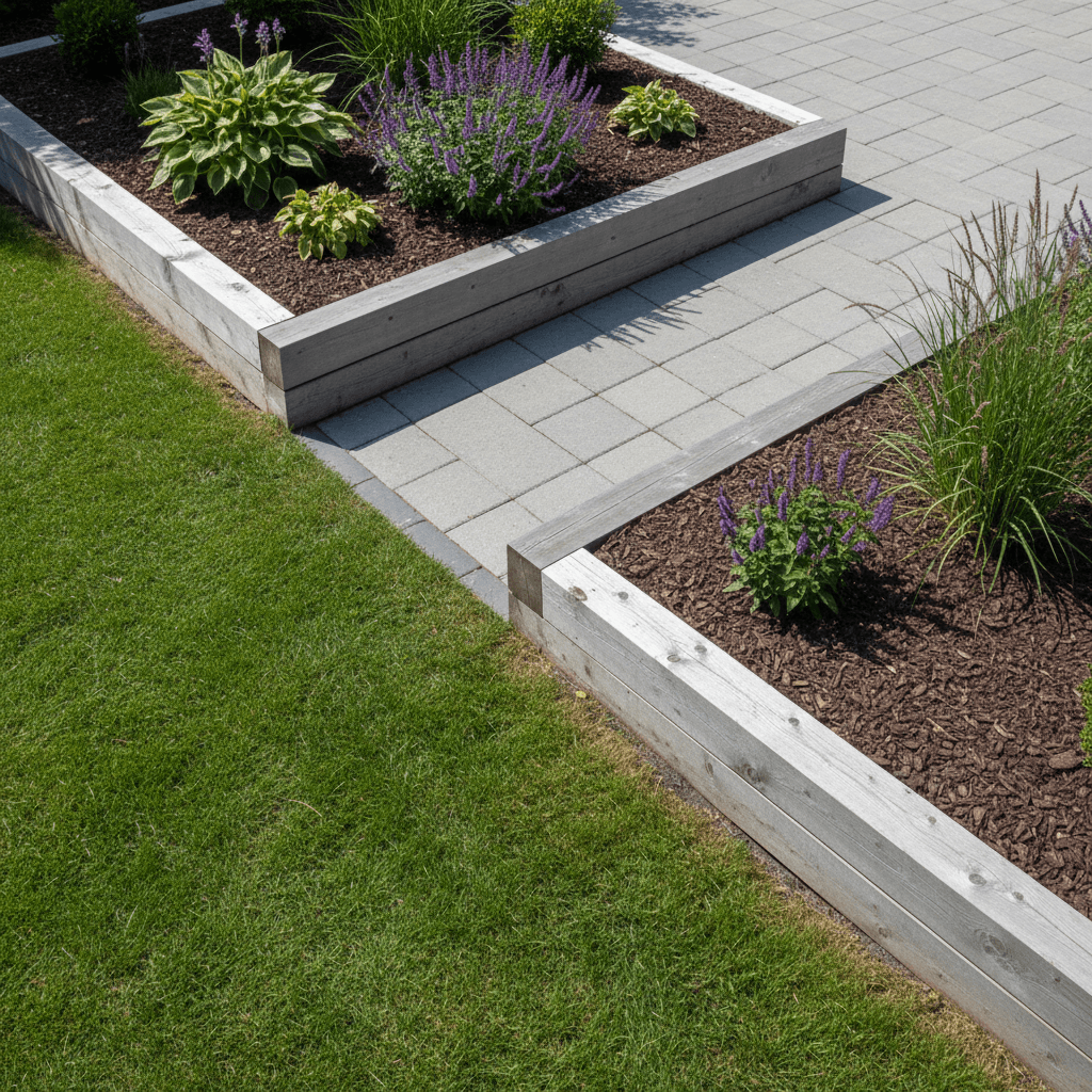 Neatly edged landscape beds with stone definition and mulch