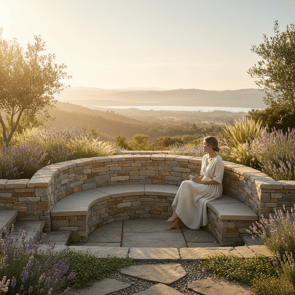 Built-in stone seat wall integrated into landscape design
