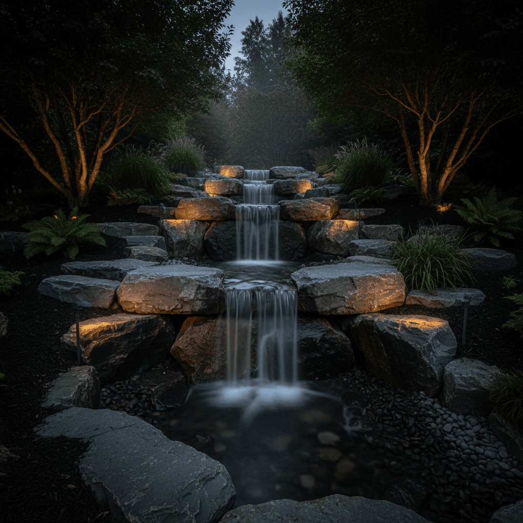 Custom water feature with stacked stone and cascading water