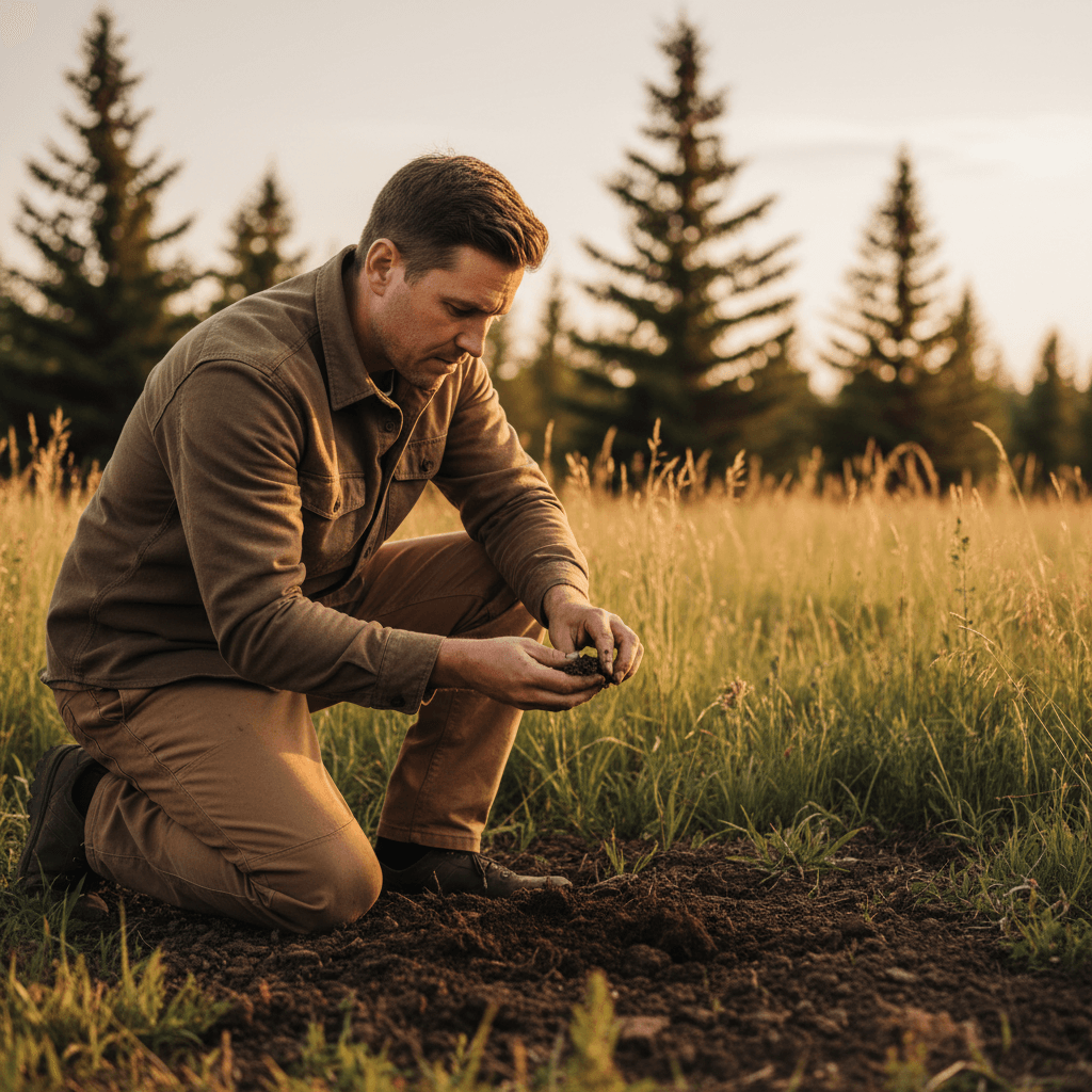 Landscape designer examining soil on acreage property