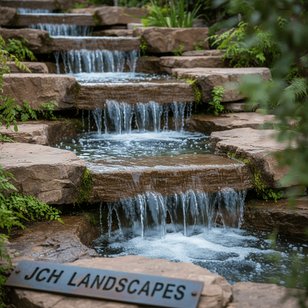 Custom cascading water feature with detailed rock work