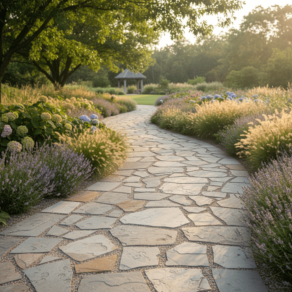 Stone walkway lined with perennials and ornamental plantings