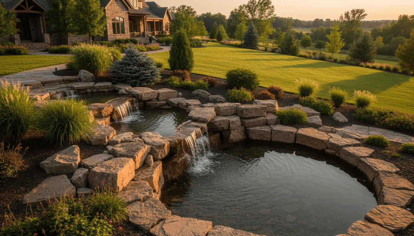 Beautiful acreage landscape with custom water feature and expert rock work
