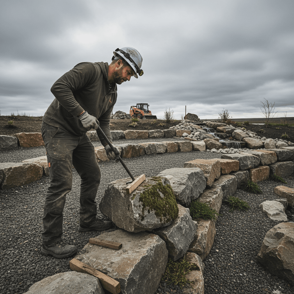 Certified horticulturist installing boulder features on acreage