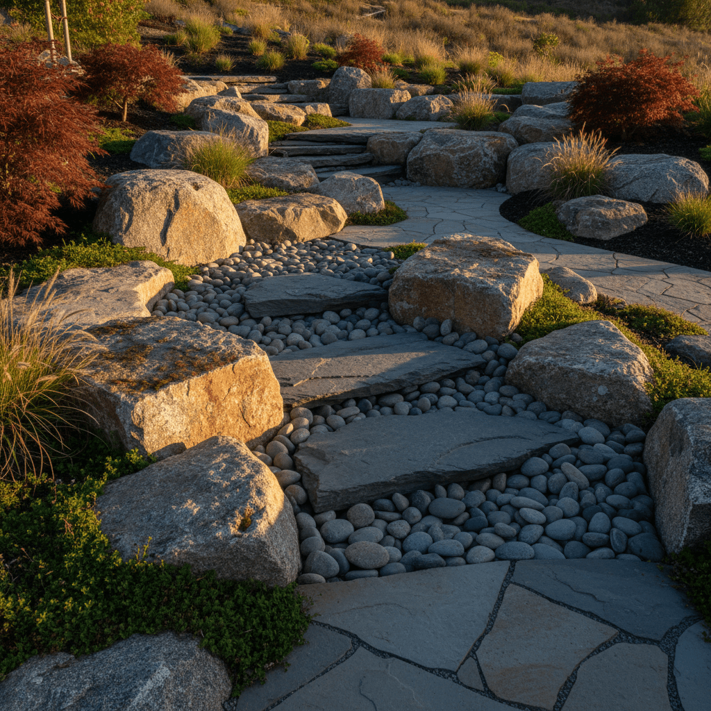 Decorative boulder placement and stone arrangement