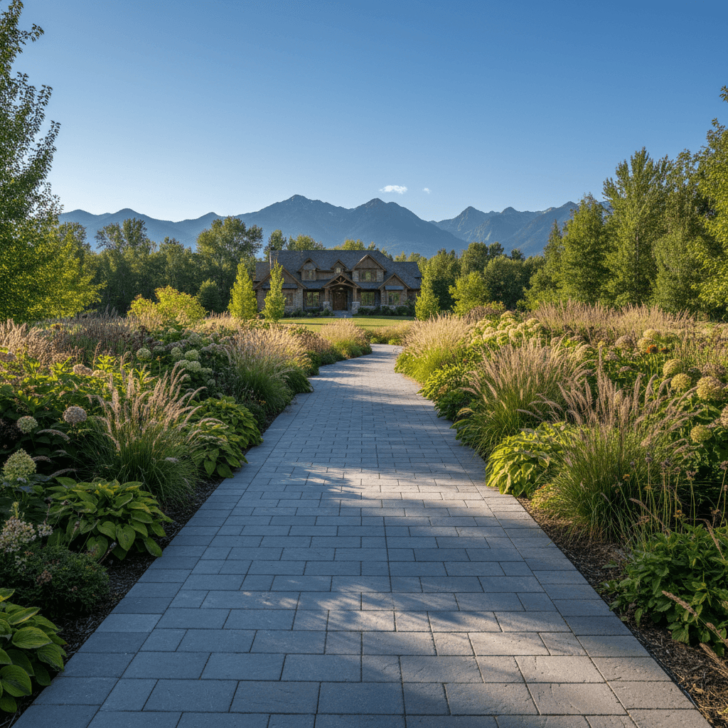 Professional stone walkway through landscaped acreage gardens