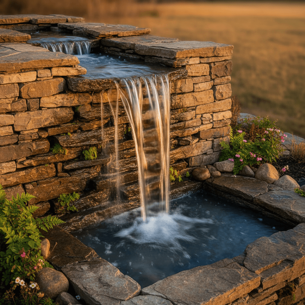 Custom cascading water feature with natural stone waterfall