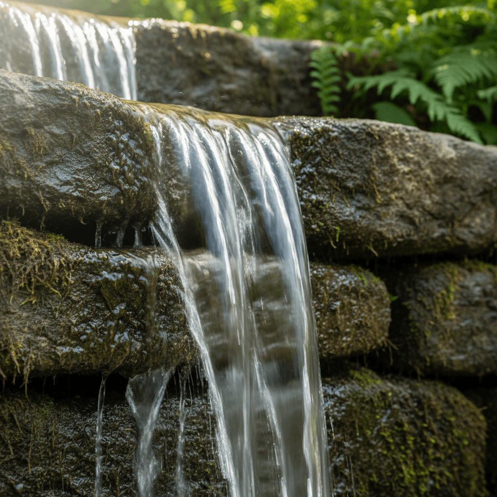 Cascading waterfall with natural stone construction and flowing water