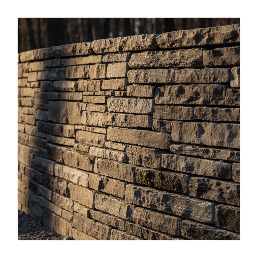 Close-up detail of precision stone retaining wall construction