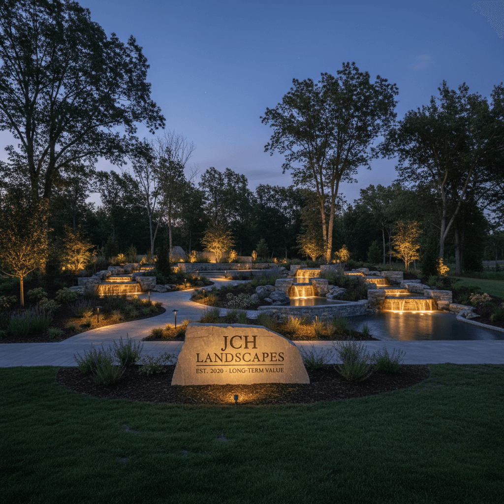 Completed landscape project with evening lighting and water feature