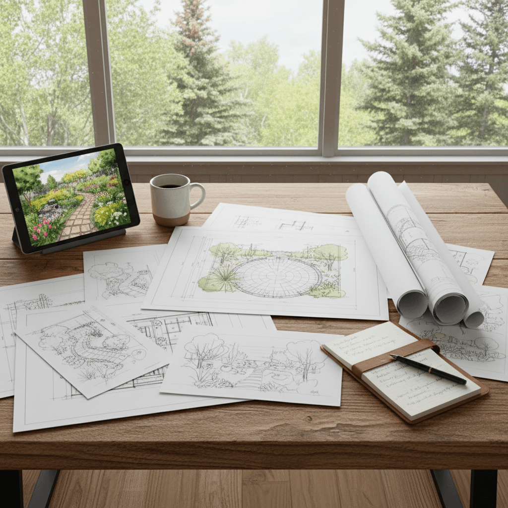 Landscape design workspace with blueprints and renderings