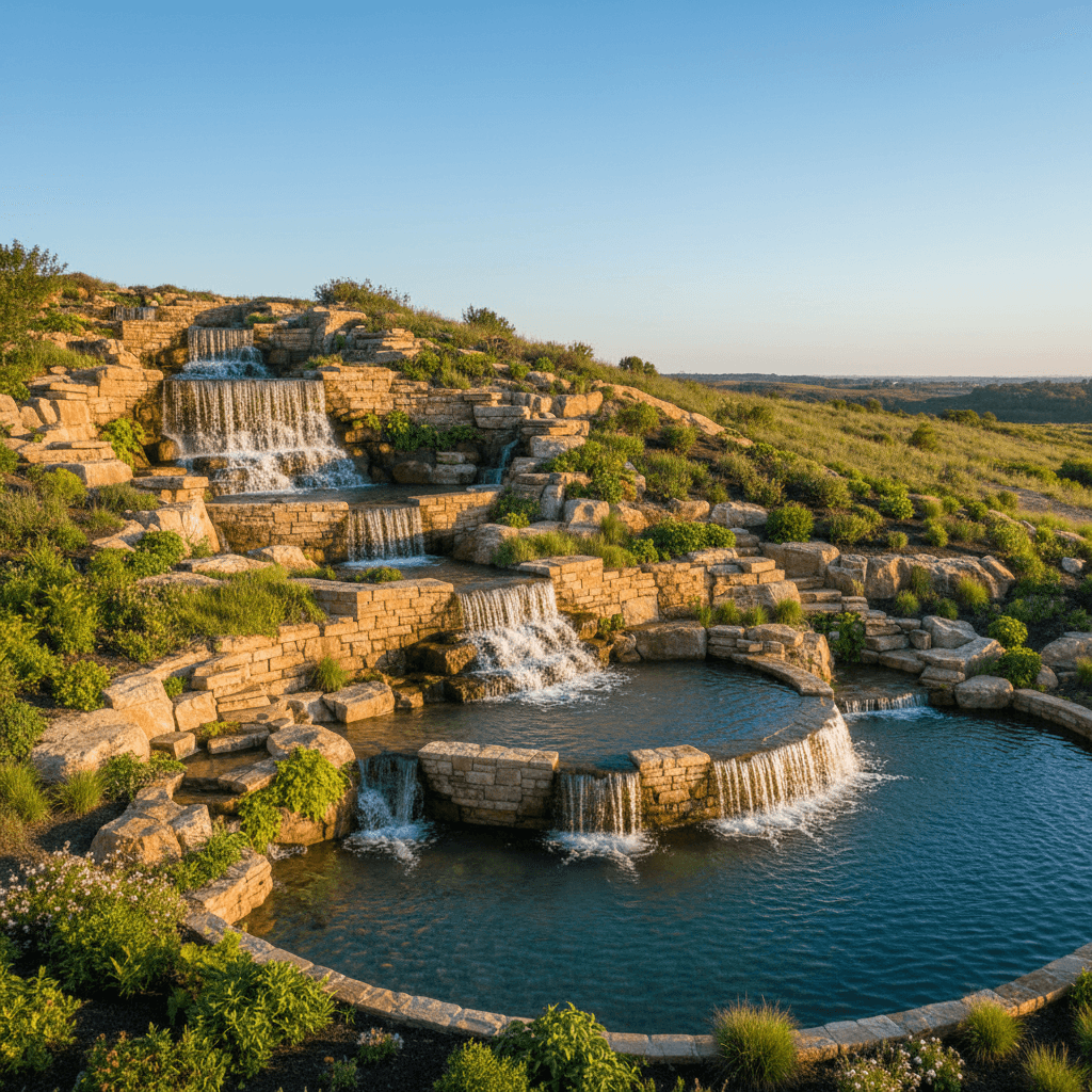 Multi-tiered waterfall feature integrated into acreage landscape