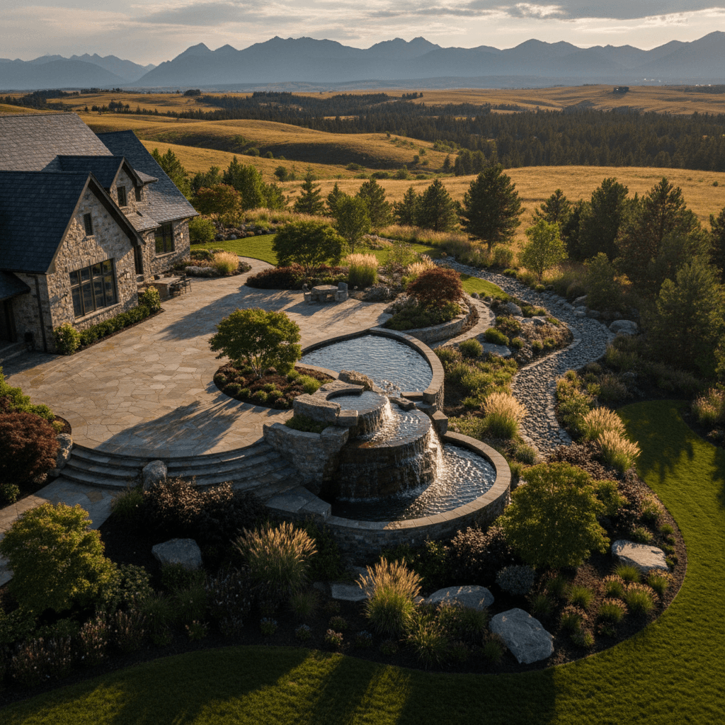 Aerial view of complete landscape design with multiple features