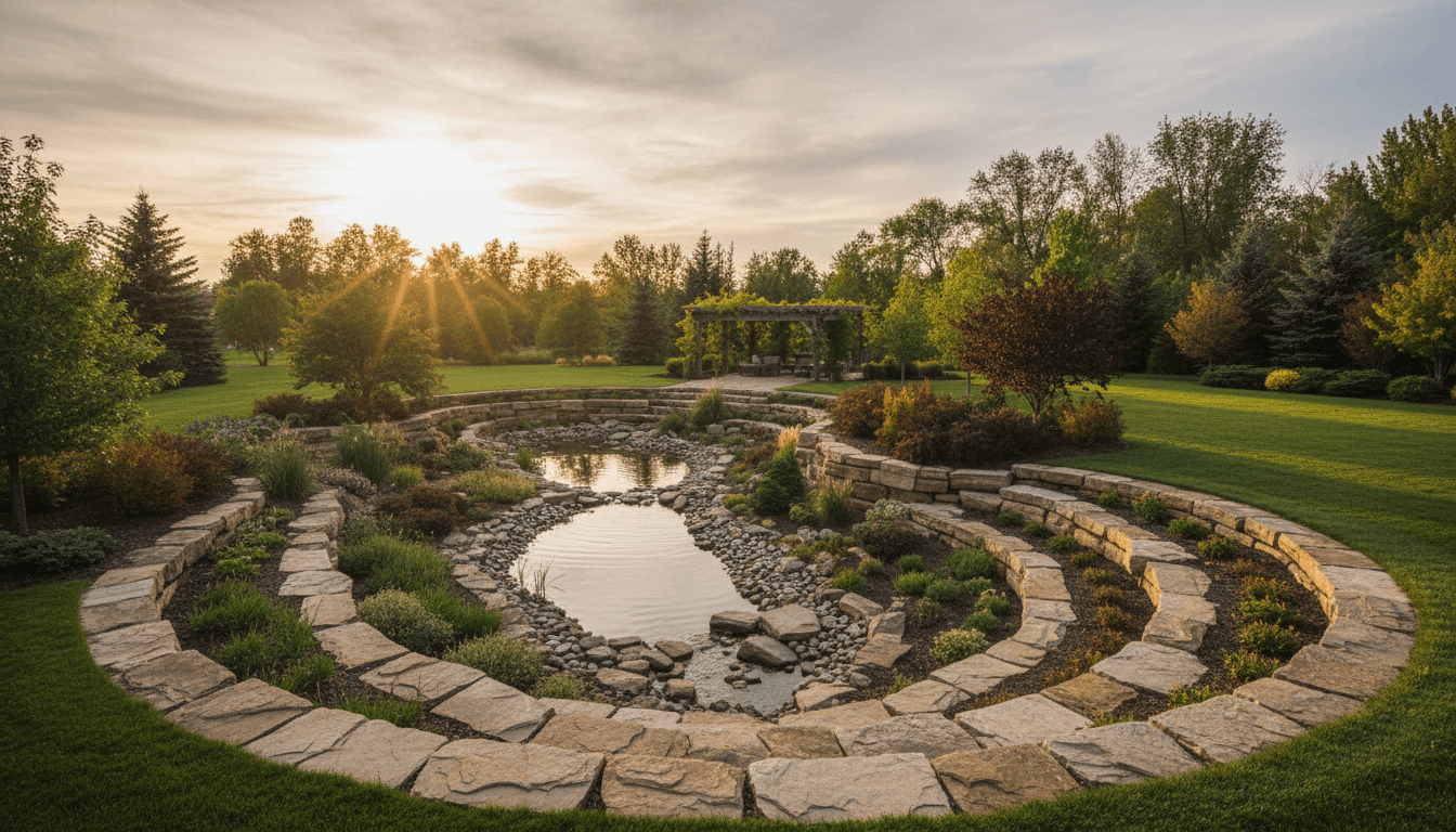 Premium acreage landscape design featuring natural stone rock work and custom water feature surrounded by mature plantings