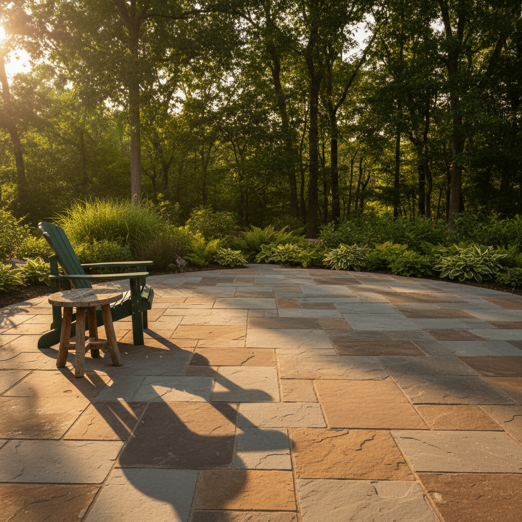 Custom stone patio with natural flagstone and earth-tone materials
