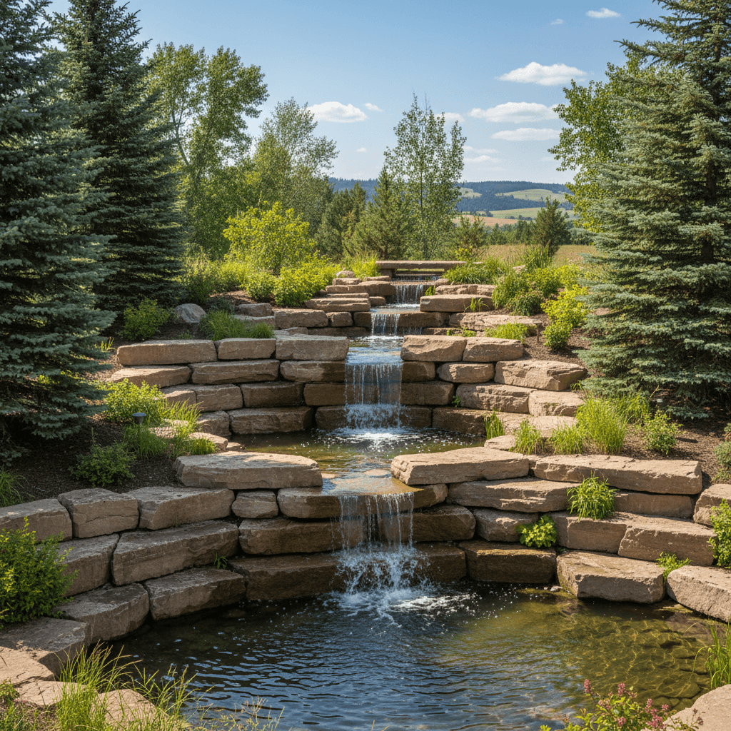 Completed rock work and water feature installation