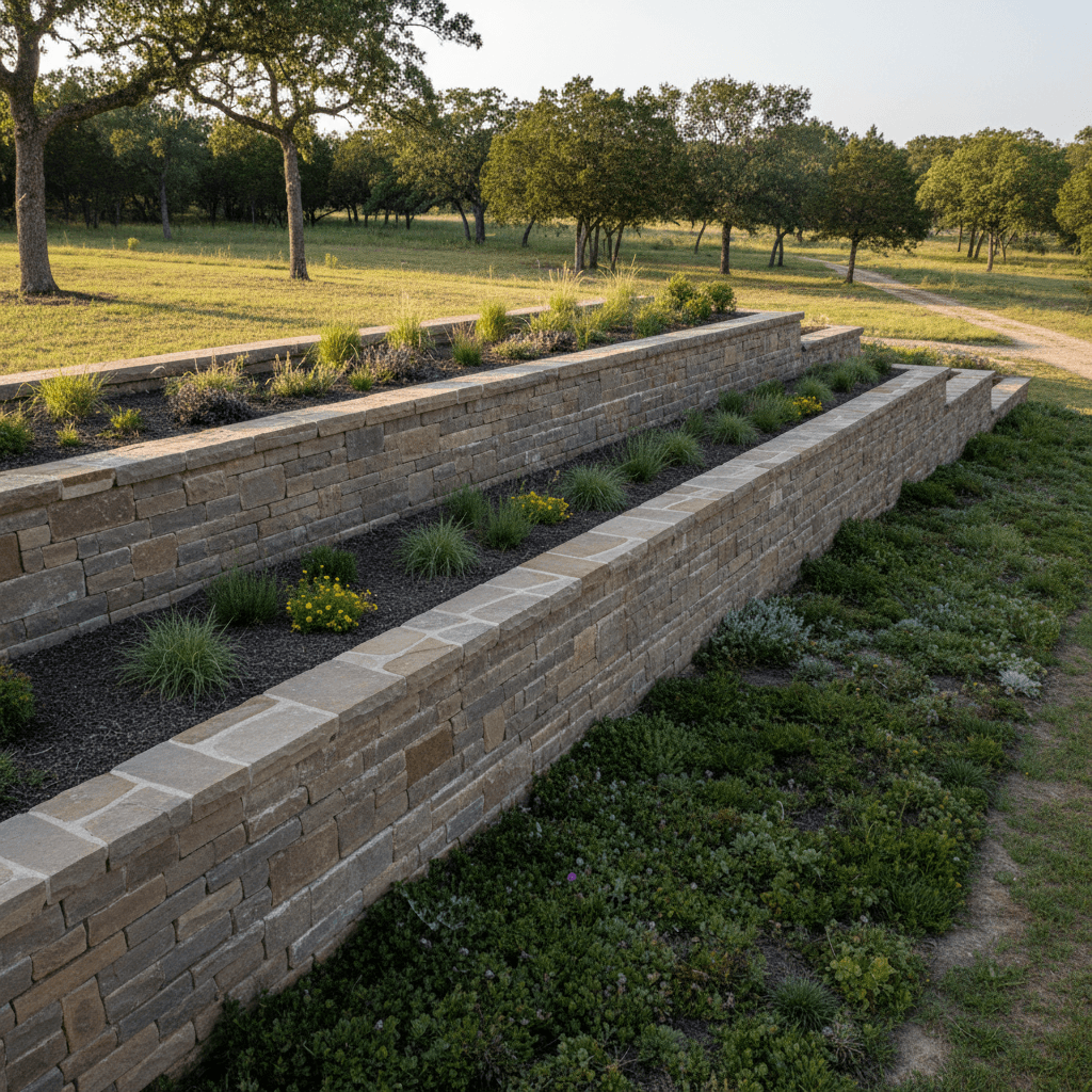 Stacked stone retaining wall with clean lines and professional construction