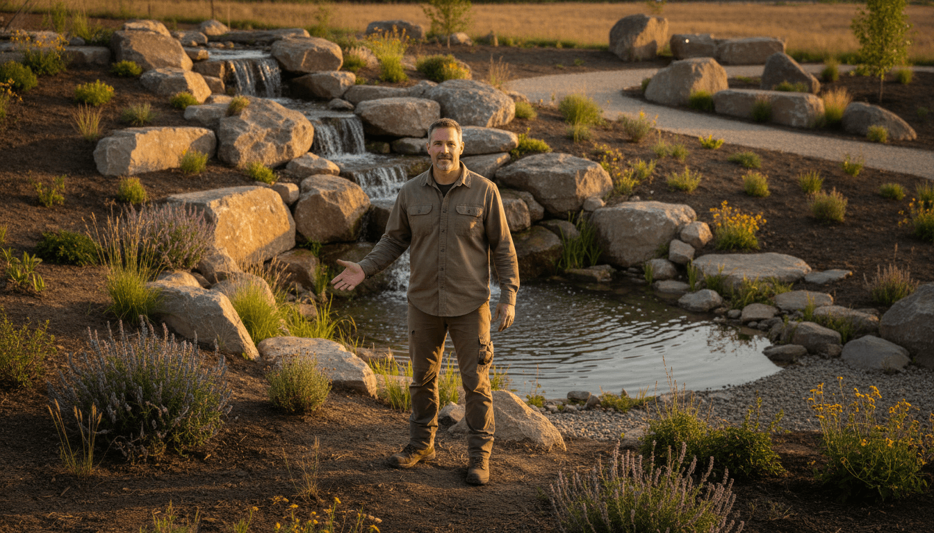 Derek Lamont, founder of JCH Landscapes, standing in an acreage property with completed landscape features