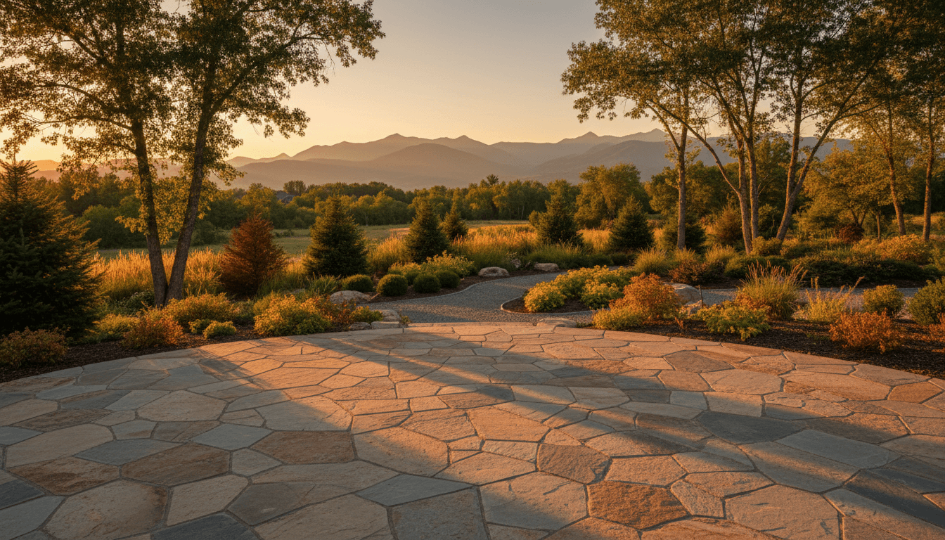 Custom stone patio and landscape design on an acreage property in Cochrane