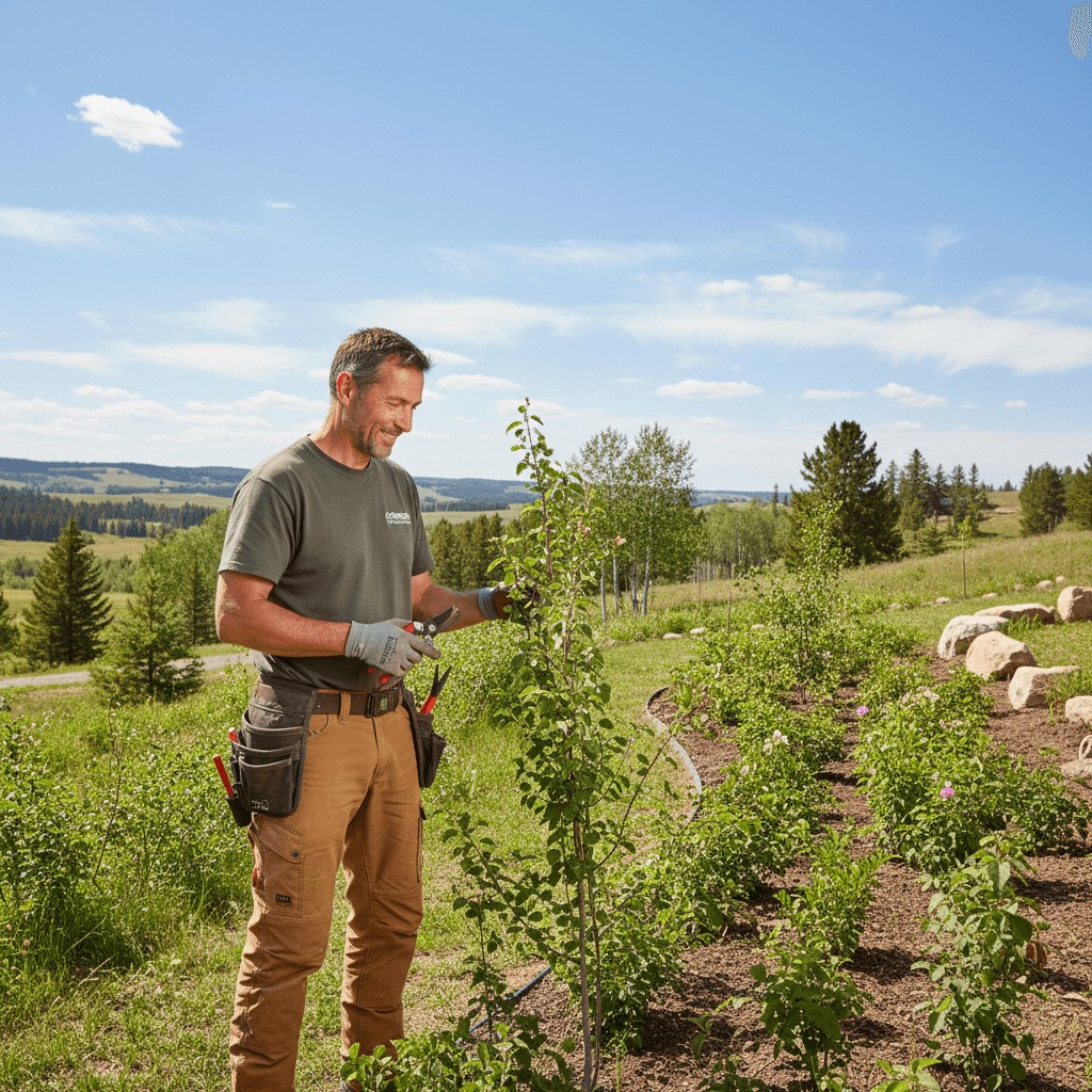 Landscaper assessing newly installed plant borders on acreage
