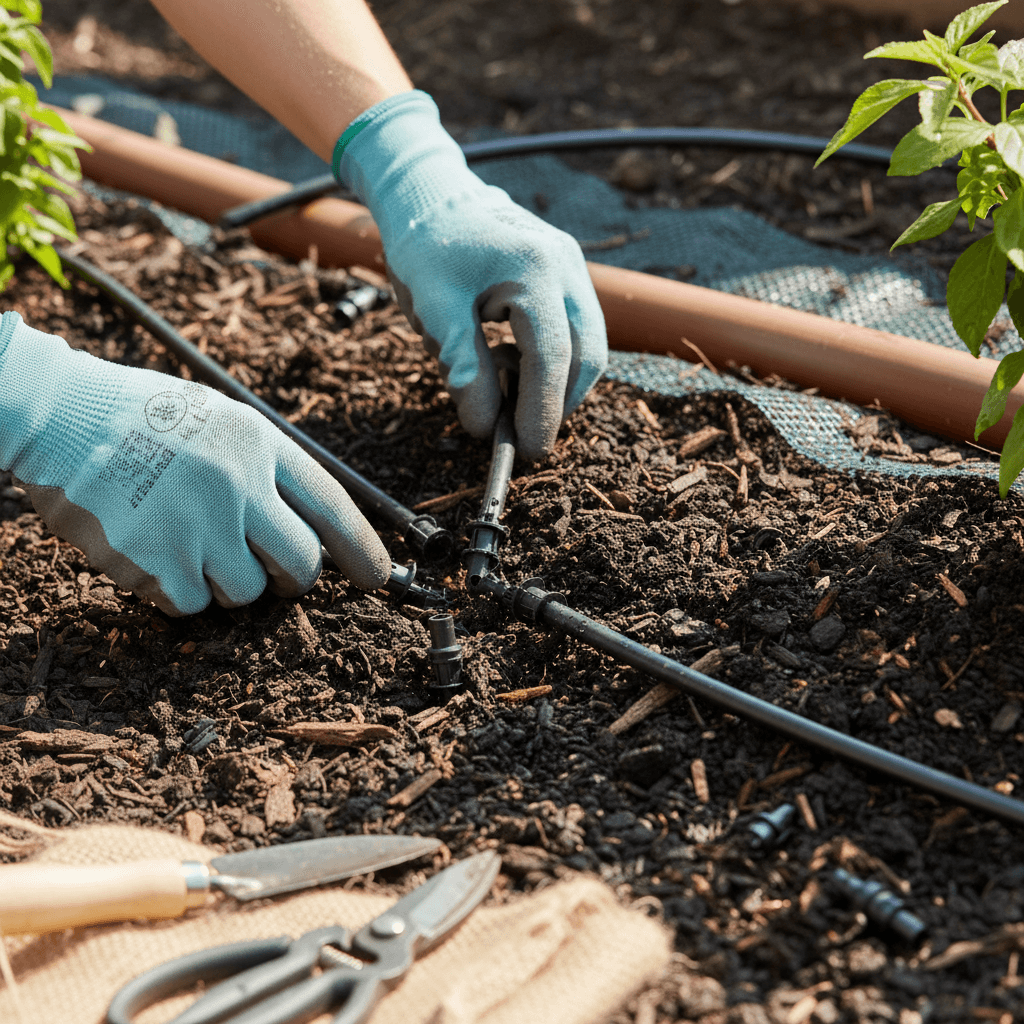 Close-up of landscape technician's hands installing drip irrigation system components in prepared garden bed