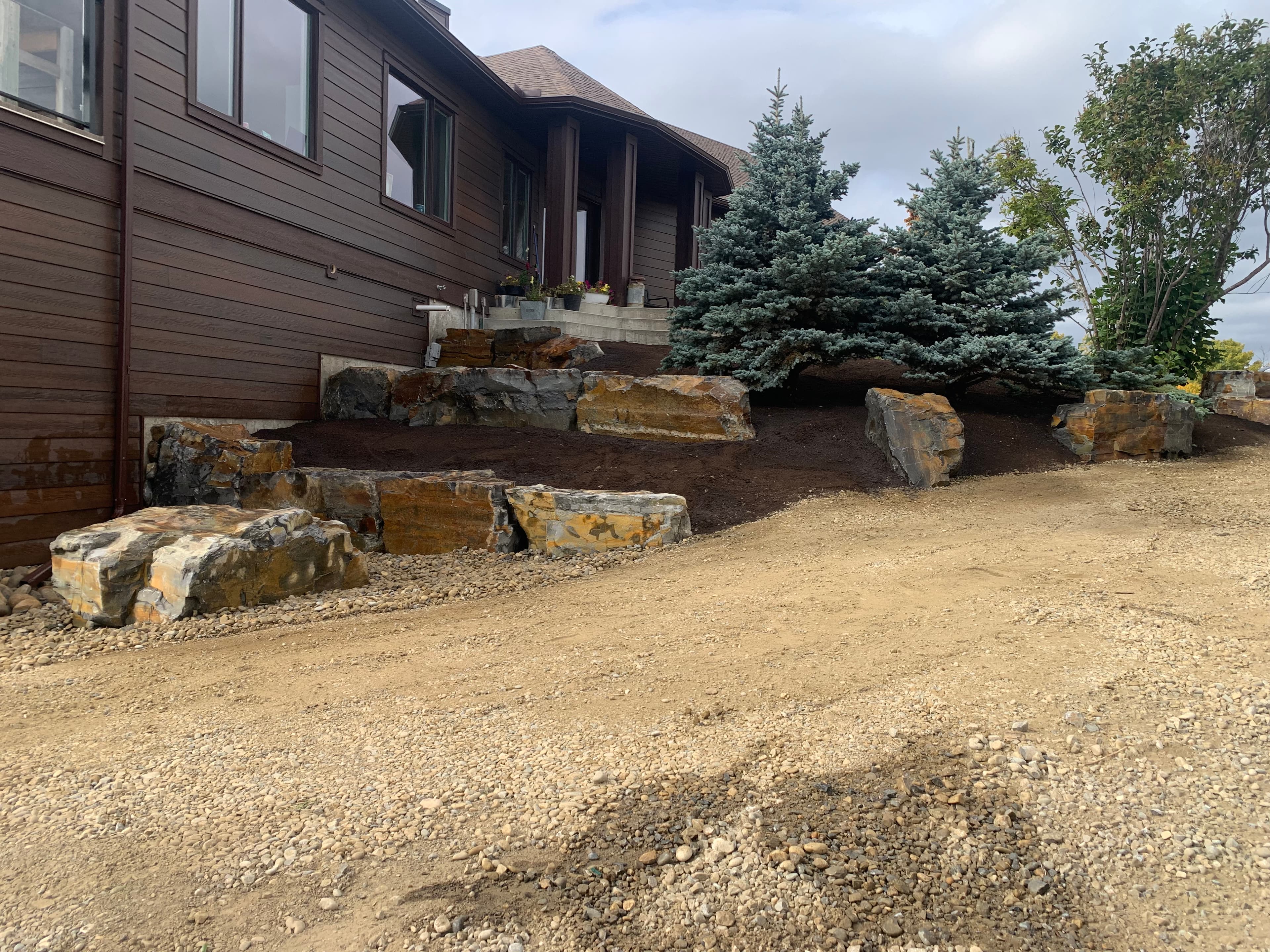 Tiered stone landscaping with blue spruce trees beside a brown house and gravel driveway.