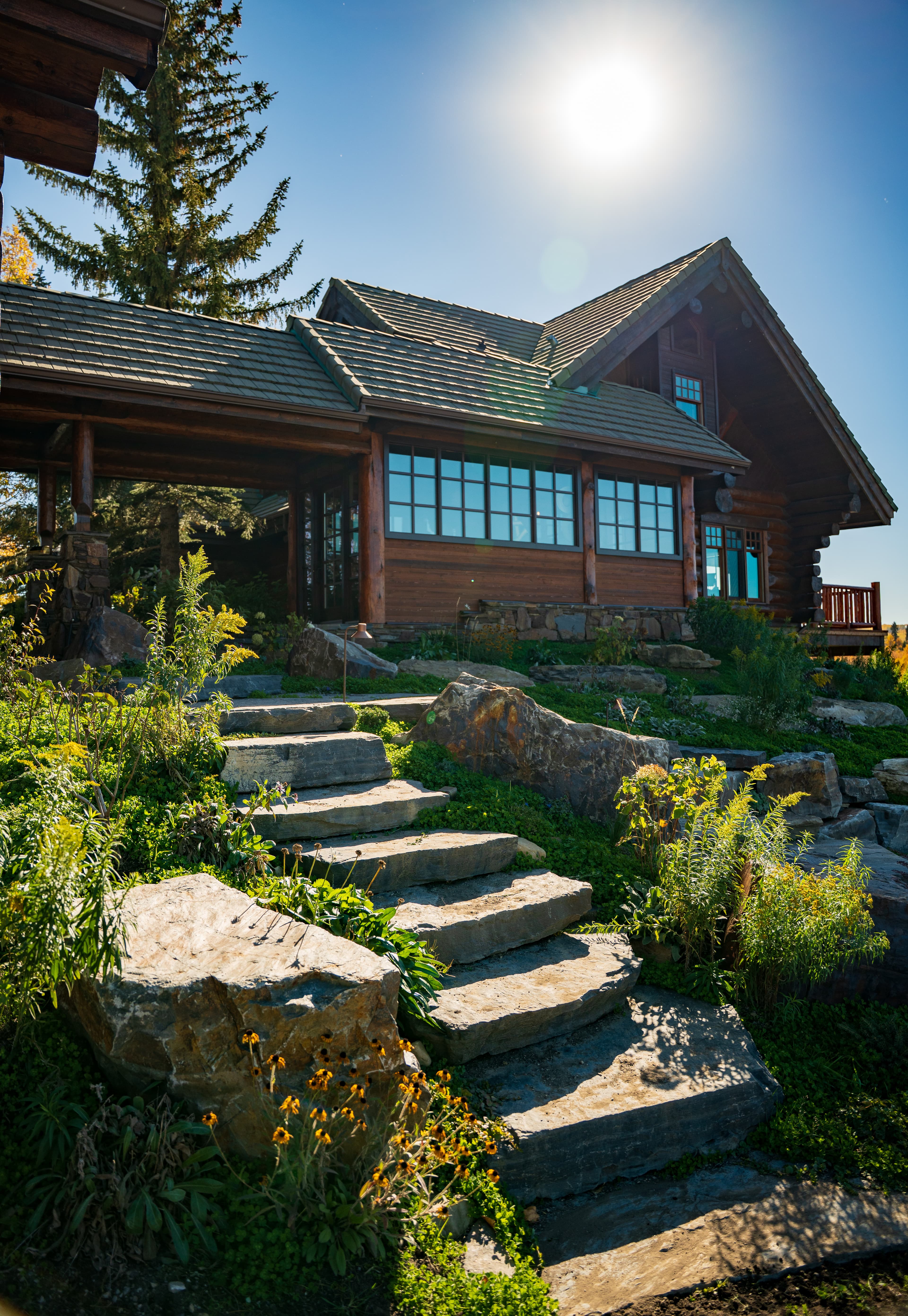 Stone steps lead through wildflowers toward a rustic log cabin under a bright, sunny sky.